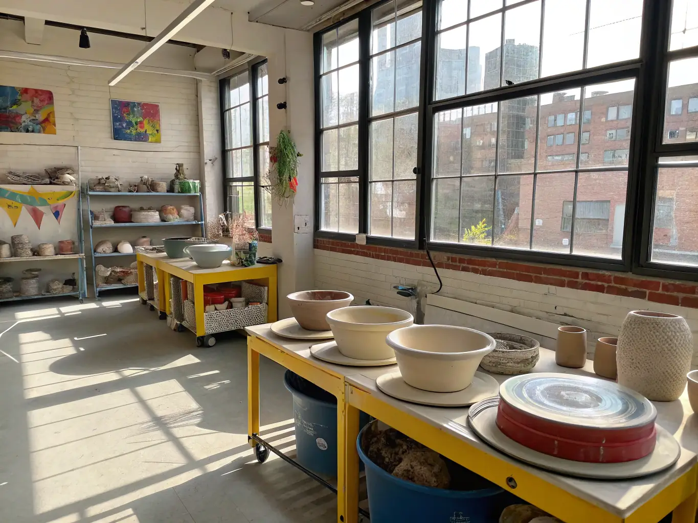 A group of people participating in a pottery class, shaping clay on pottery wheels, with finished ceramic pieces displayed in the background.