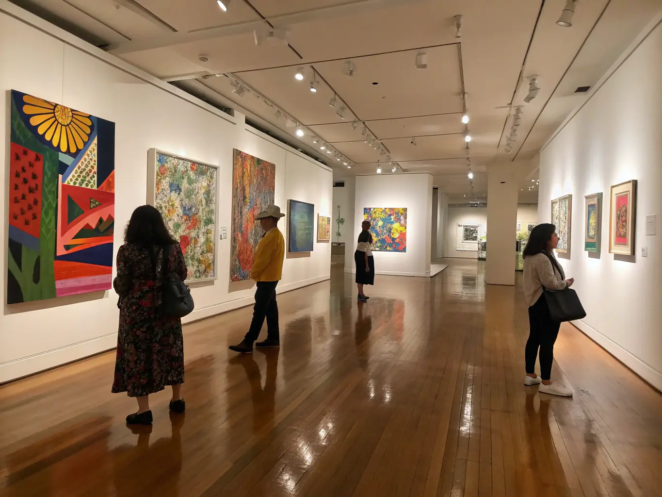 A vibrant art exhibition showcasing diverse paintings and sculptures, with visitors admiring the artwork in a well-lit gallery setting at TI YANG.