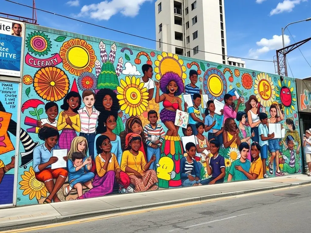 A community art project in progress, with diverse individuals collaborating on a large mural, reflecting community themes and artistic expression.