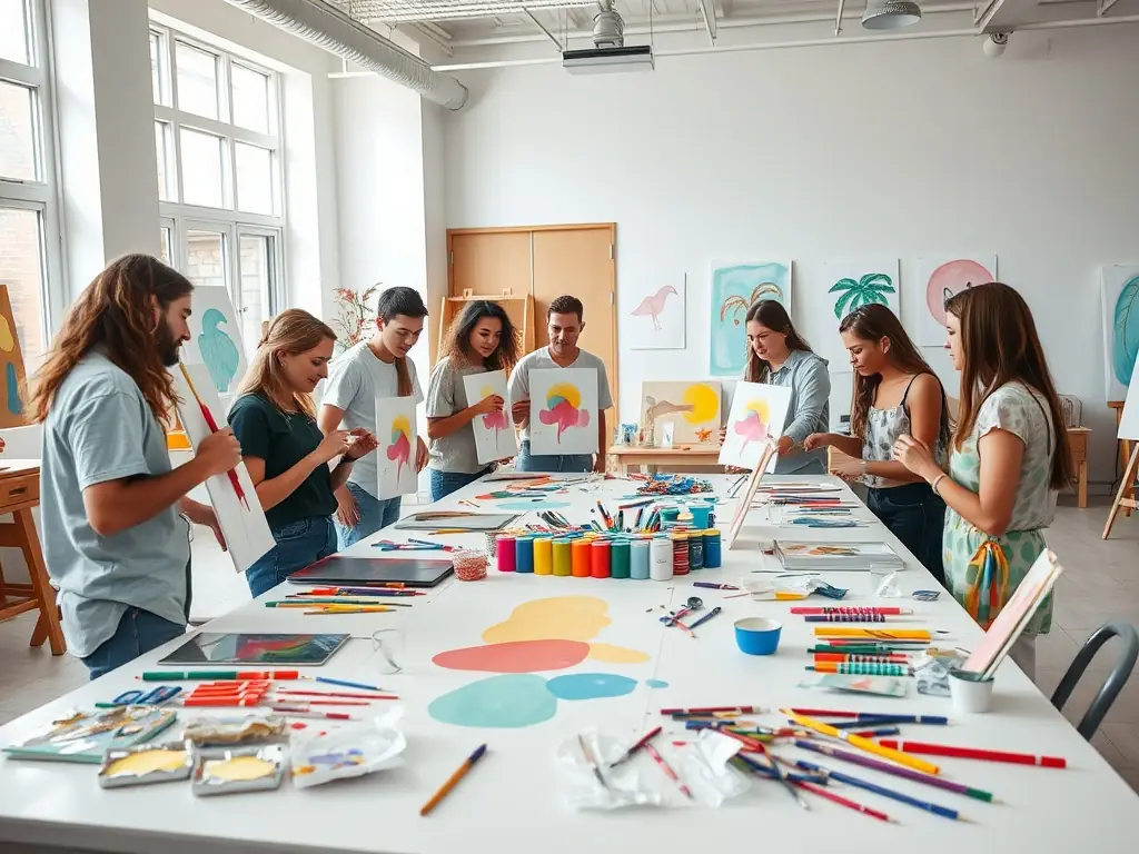 A vibrant art workshop scene with participants actively engaged in painting, showcasing a variety of colorful artworks and creative tools.