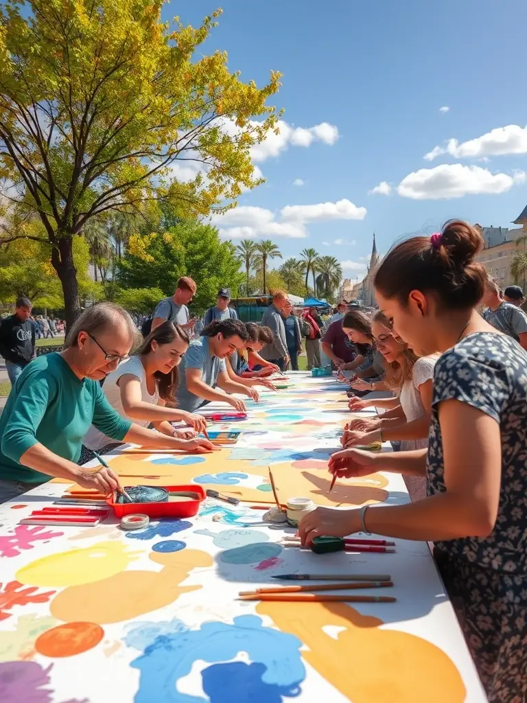 A group of volunteers working together on a community mural project, adding color and art to the local neighborhood.